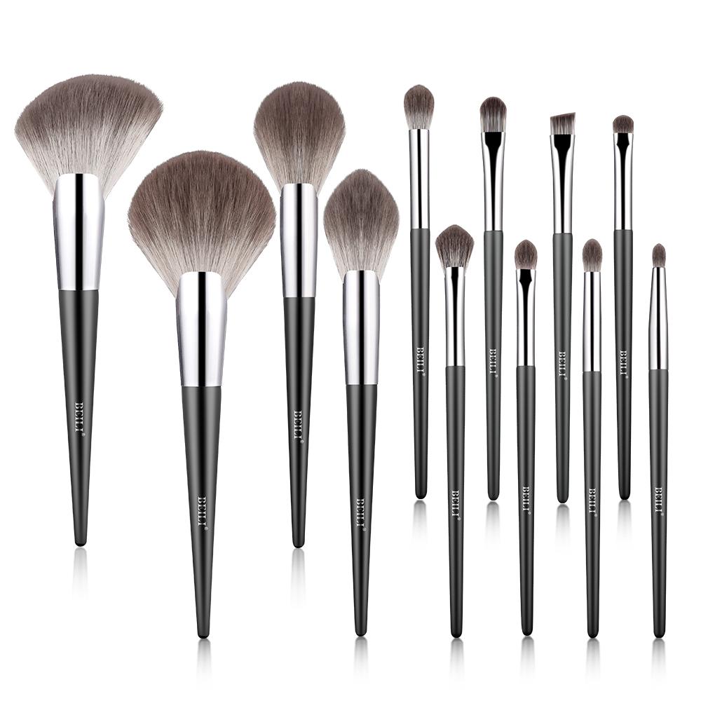 soft nano wool fiber material slim bright black wood handle silver brushes makeup with bag